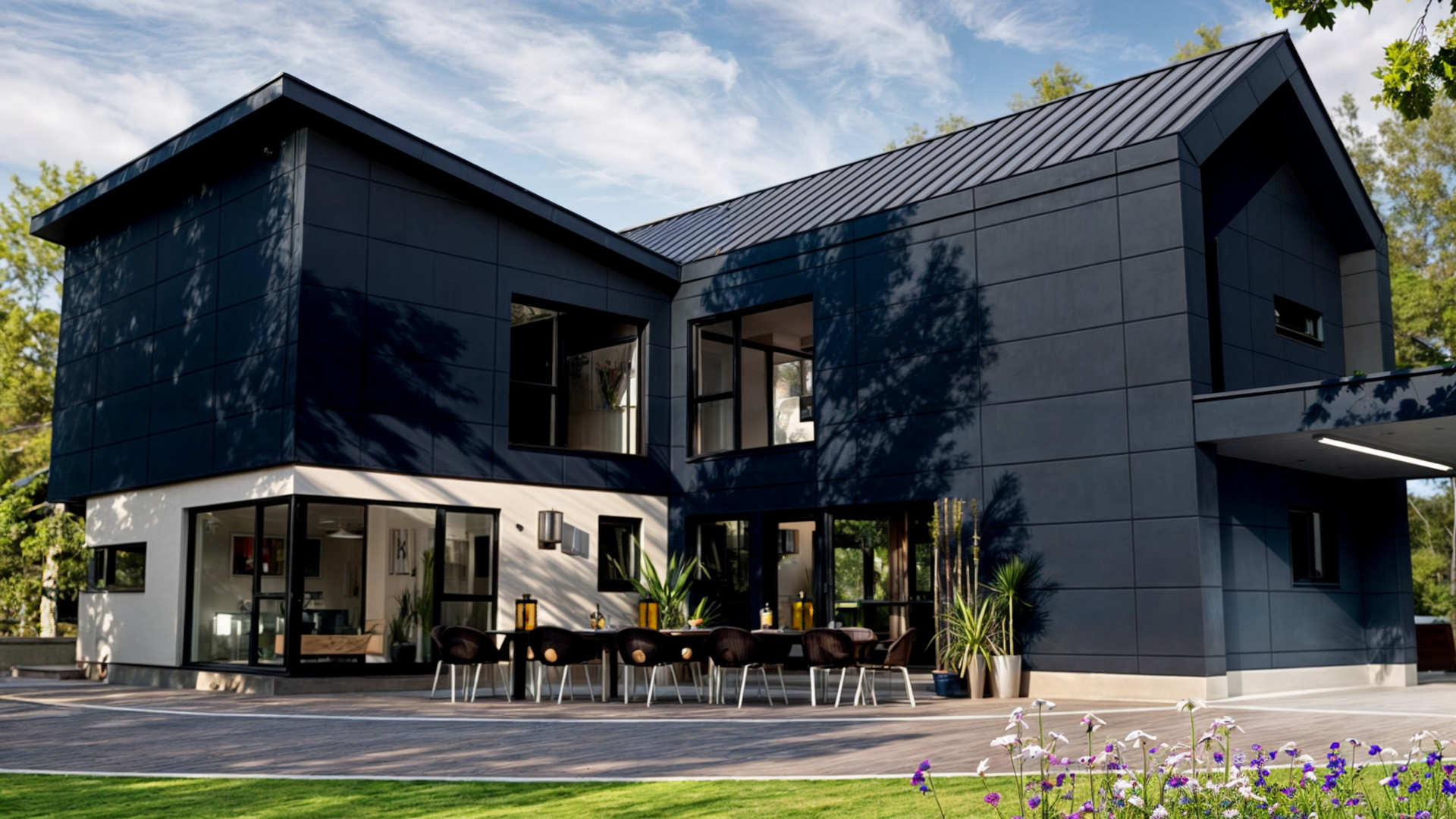Modern house architecture in Derry. Side elevation of patio area of modern two-story house with sleek black exterior, large floor-to-ceiling windows, and geometric design set amidst a lush green woodland. The house features a spacious outdoor deck with wooden lounge chairs and a pool, blending contemporary architecture with natural surroundings