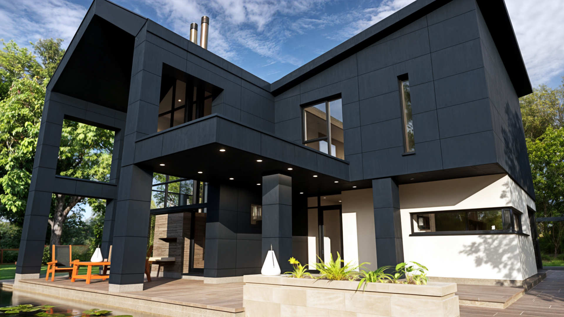 Modern house architecture in Derry. Close up view of front door elevation of modern two-story house with sleek black exterior, large floor-to-ceiling windows, and geometric design set amidst a lush green woodland. The house features a spacious outdoor deck with wooden lounge chairs and a pool, blending contemporary architecture with natural surroundings