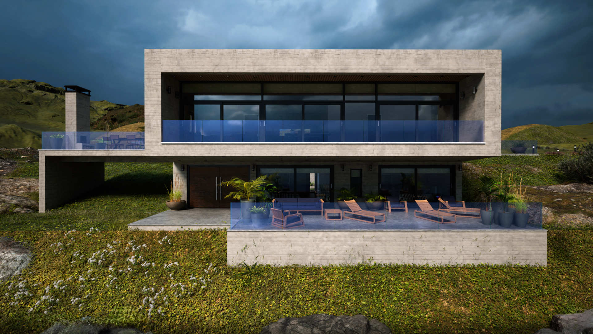 Donegal Coastal House designed by Donegal Architects Usonia Architects - Front elevation of concrete house built into into hillside over looking the ocean.