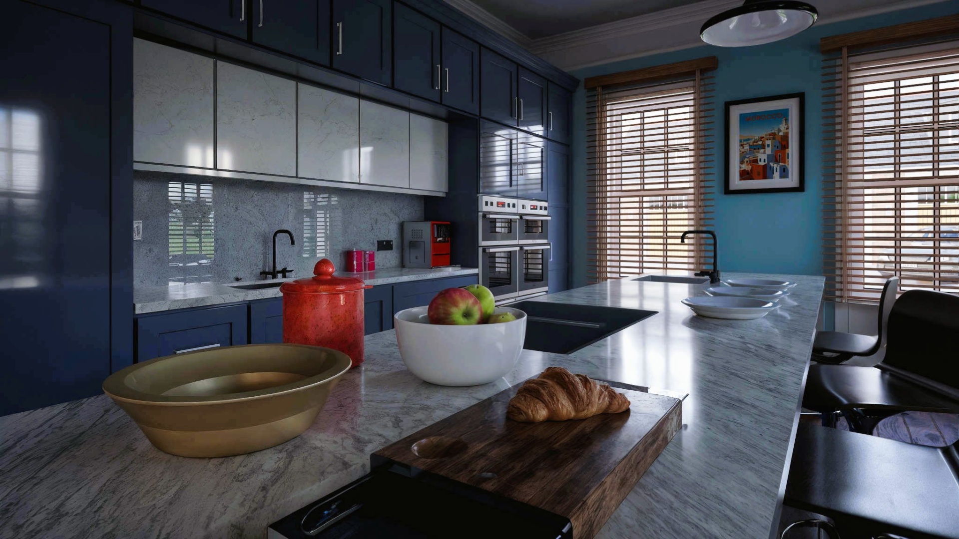 Modern Irish kitchen with navy cabinets, marble island, red canister, apples, and croissant on a cutting board in a Donegal Georgian-style house.