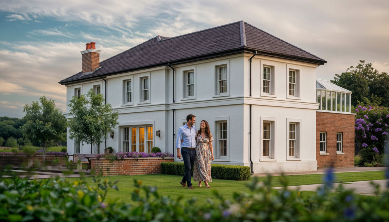 Luxury new build Georgian style house in County Donegal by Usonia Architects with couple walking on the rear garden lawn