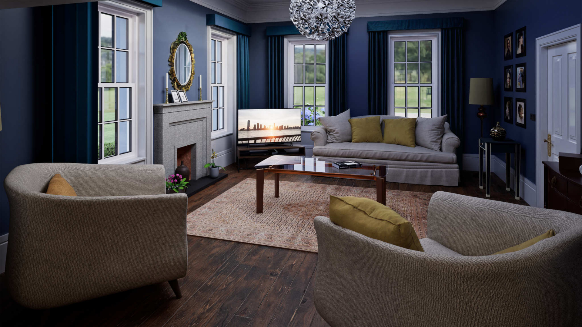 A luxurious living room in a Georgian style house in County Donegal, Ireland, featuring dark blue walls, a white stone fireplace, a gold-framed mirror, two light beige armchairs, a matching sofa, and a glass coffee table over a patterned rug.