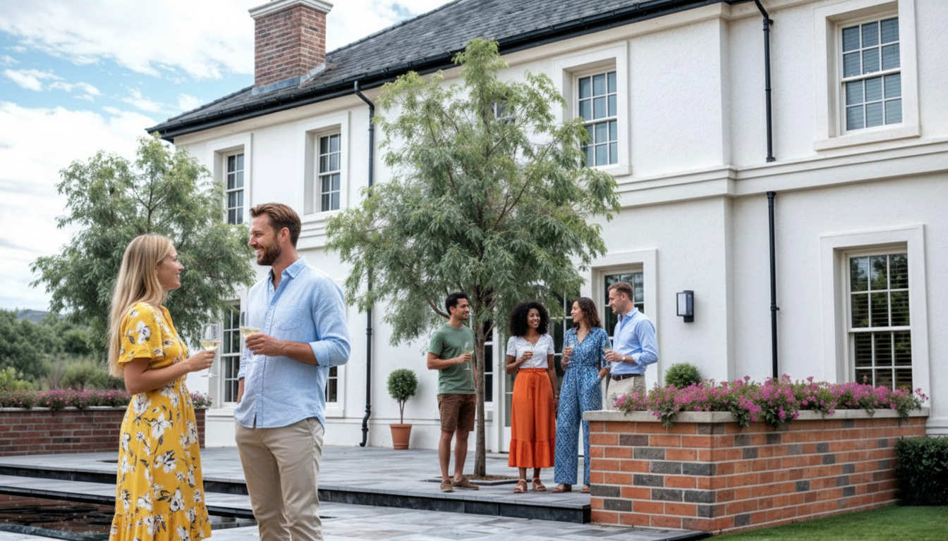 Luxury new build Georgian style house in County Donegal by Usonia Architects with people socialising on patio.