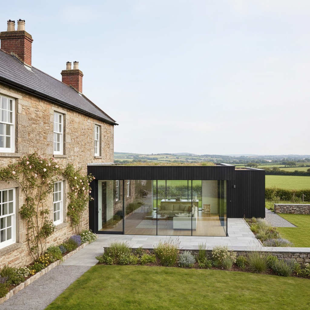 Modern single storey glass extension to Irish house by Usonia Architects