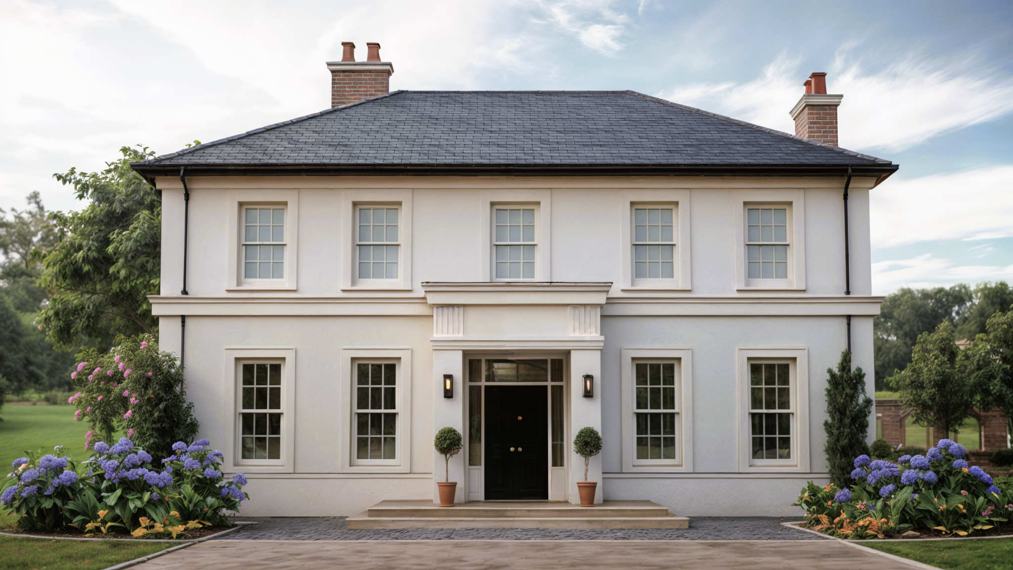 Carrickmore Lodge Front view of Georgian-style country house with white rendered façade, entrance portico, sash windows, and slate roof in landscaped Irish countryside