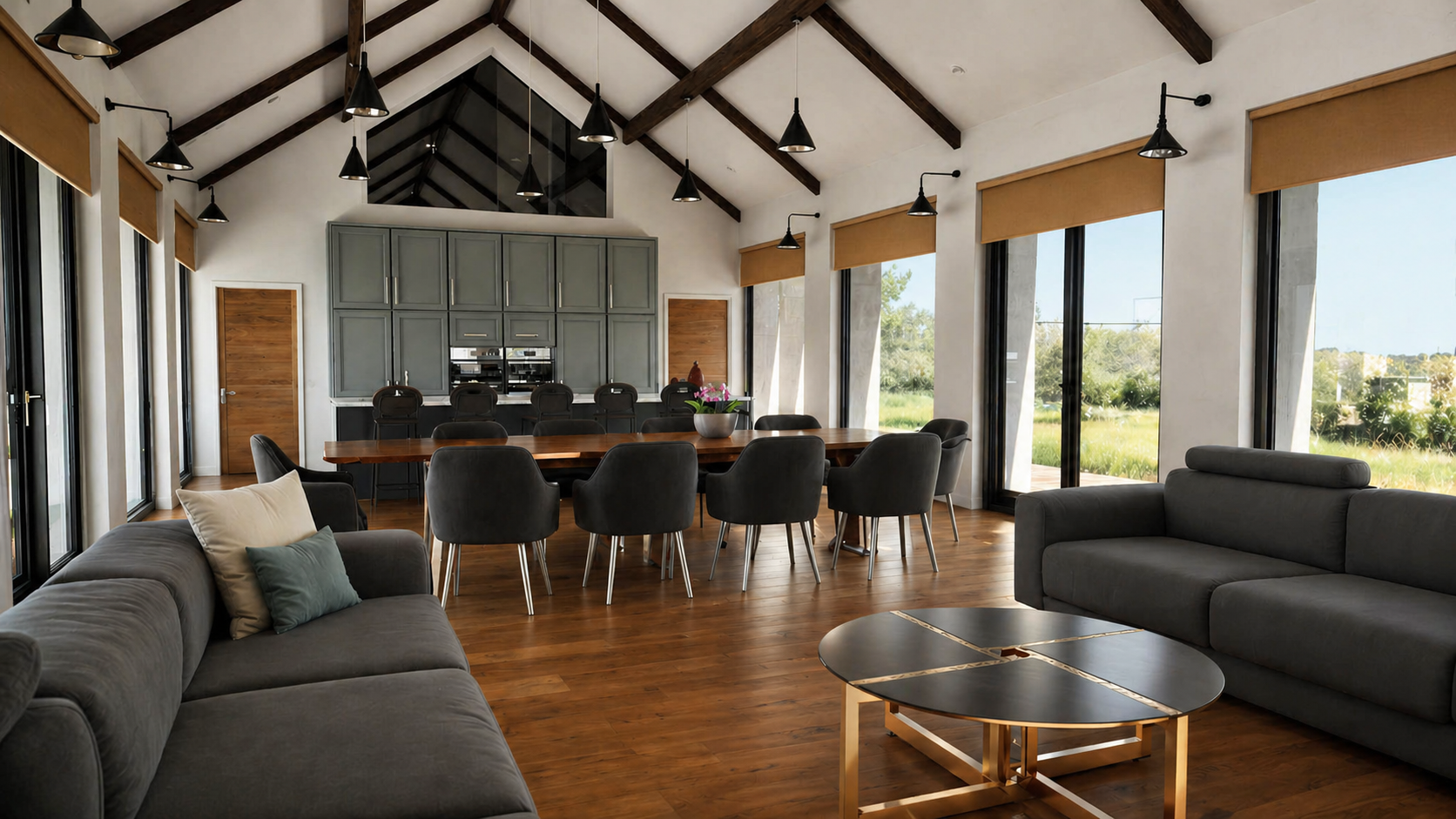 Modern open-plan living, dining, and kitchen interior in Donegal with vaulted ceilings, exposed timber beams, large glazing, and contemporary furnishings.
