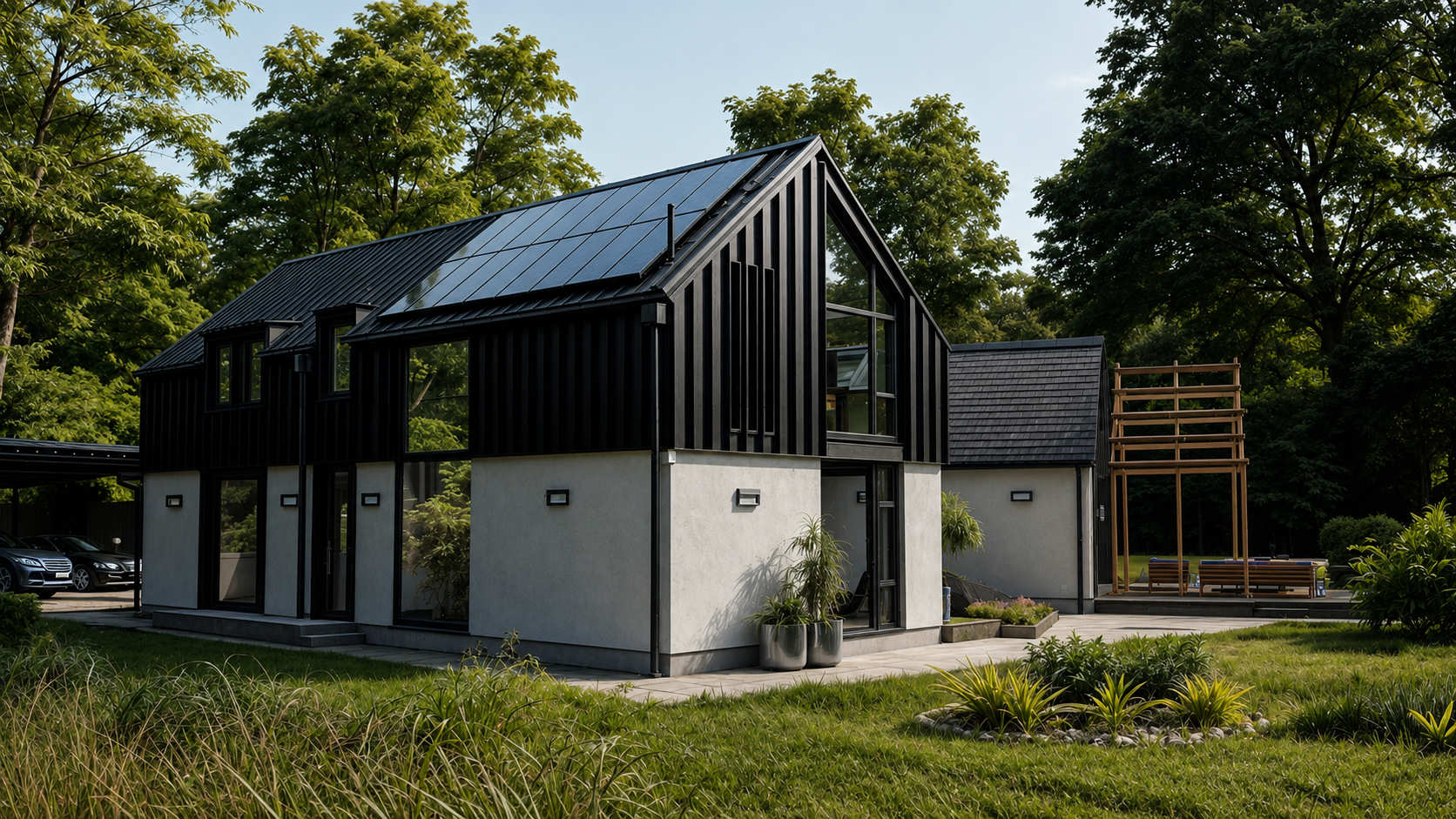 Modern black-and-white contemporary home by Usonia Architects in Donegal, featuring a pitched roof, solar panels, large glazing, and landscaped garden surrounded by mature trees.