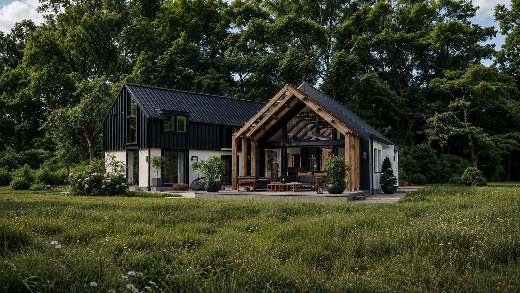 New build contemporary home by Usonia Architects in Donegal combining traditional Irish cottage architecture with a modern two-storey barn-style extension in a woodland setting.