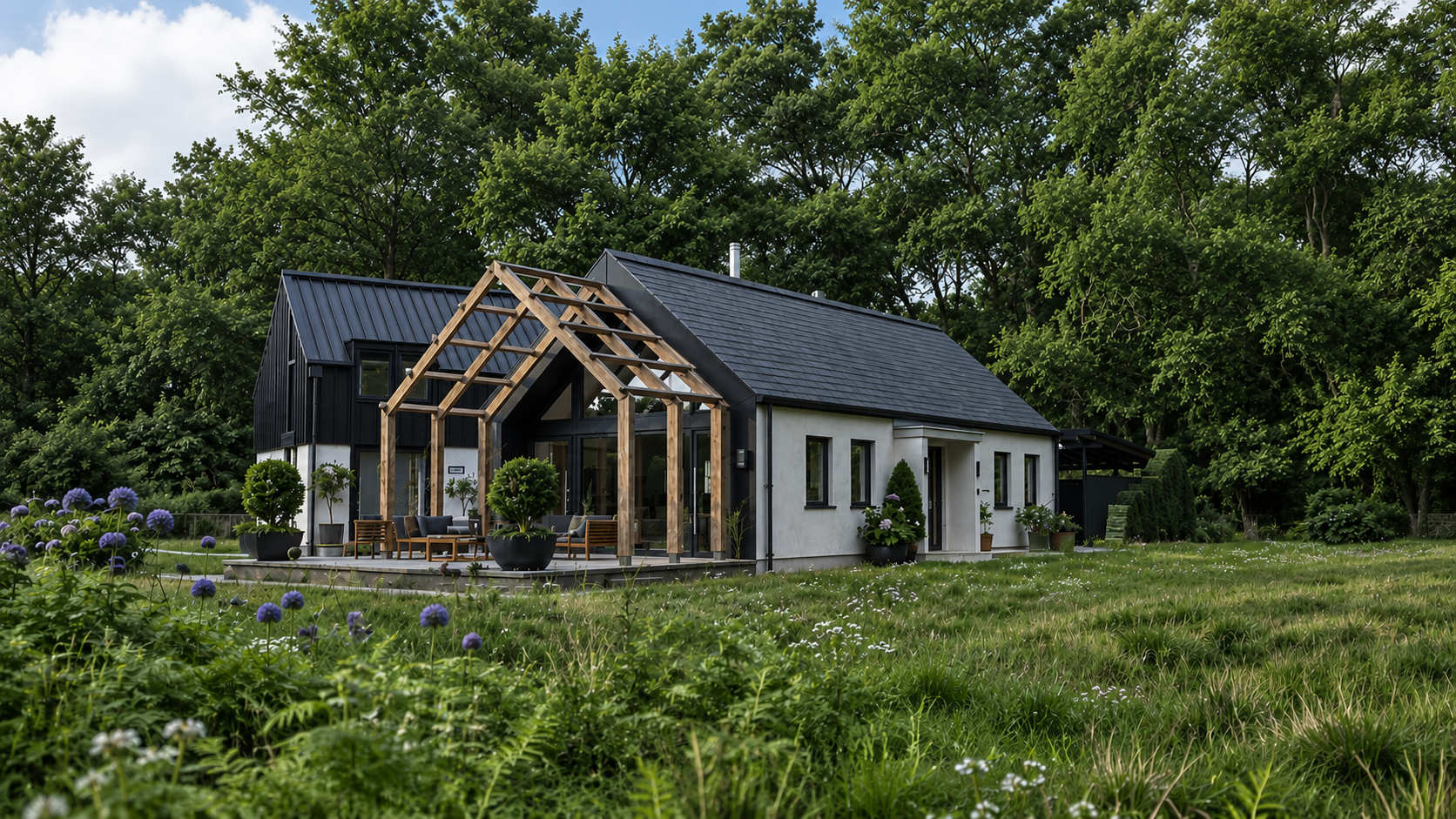 New build contemporary home by Usonia Architects in Donegal combining traditional Irish cottage architecture with a modern two-storey barn-style extension in a woodland setting.