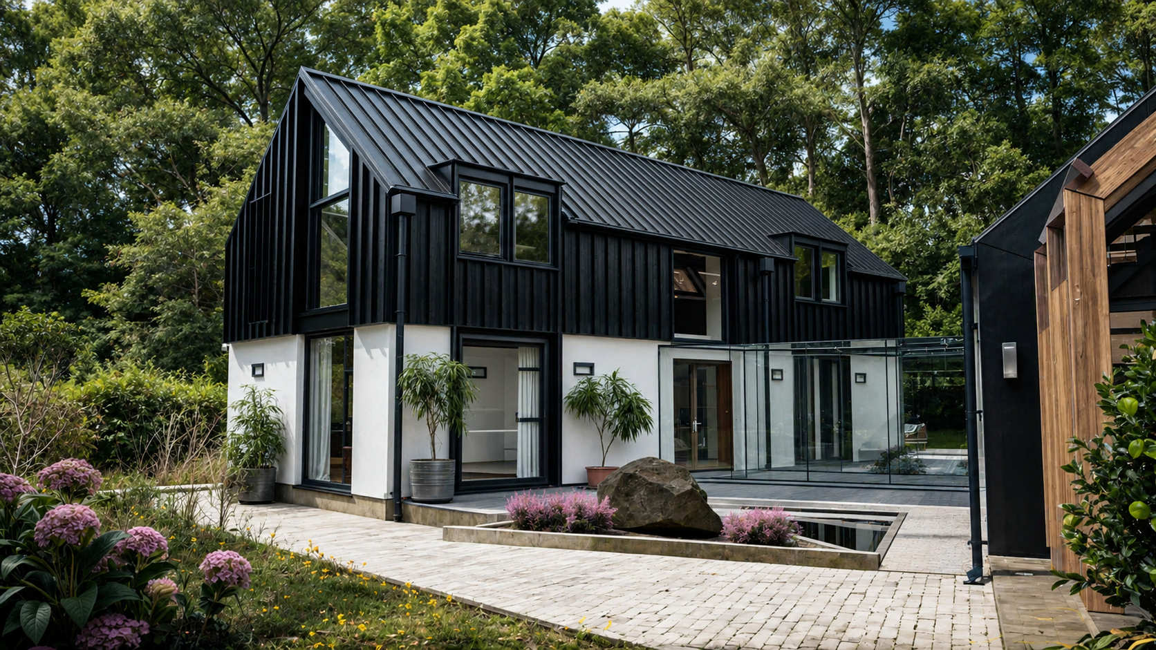 Modern black-and-white contemporary home by Usonia Architects in Donegal, featuring a pitched roof, solar panels, large glazing, and landscaped garden surrounded by mature trees.