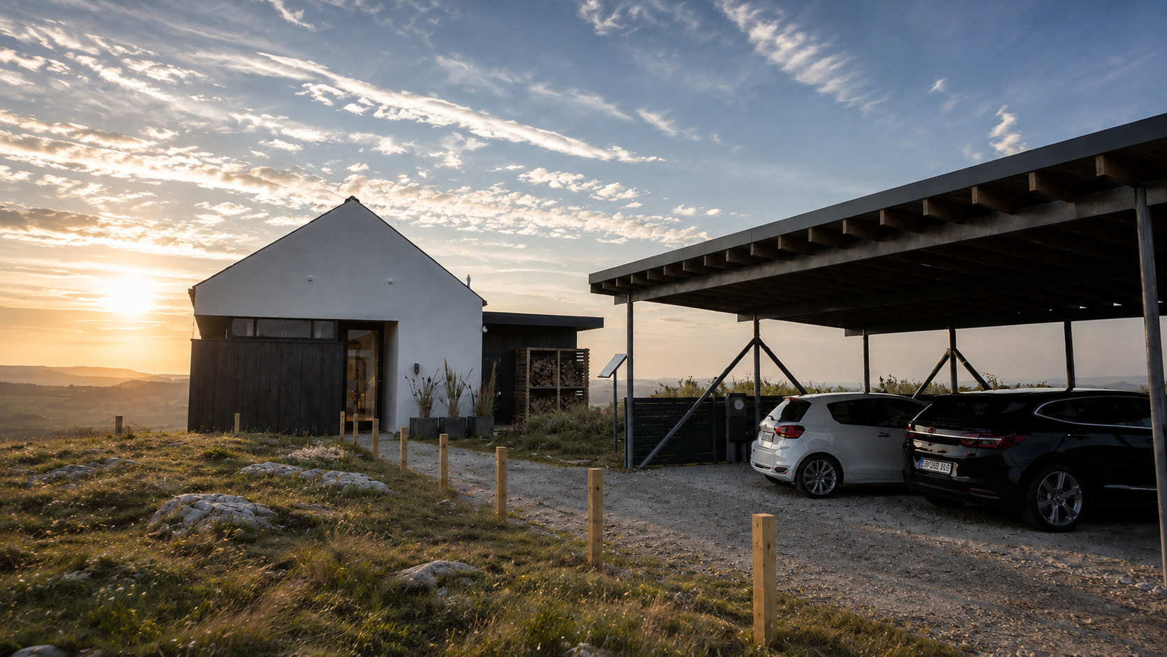 Contemporary architect-designed rural hillside house in Donegal with a modern timber carport, natural stone landscape and species-rich Irish grassland at sunset.