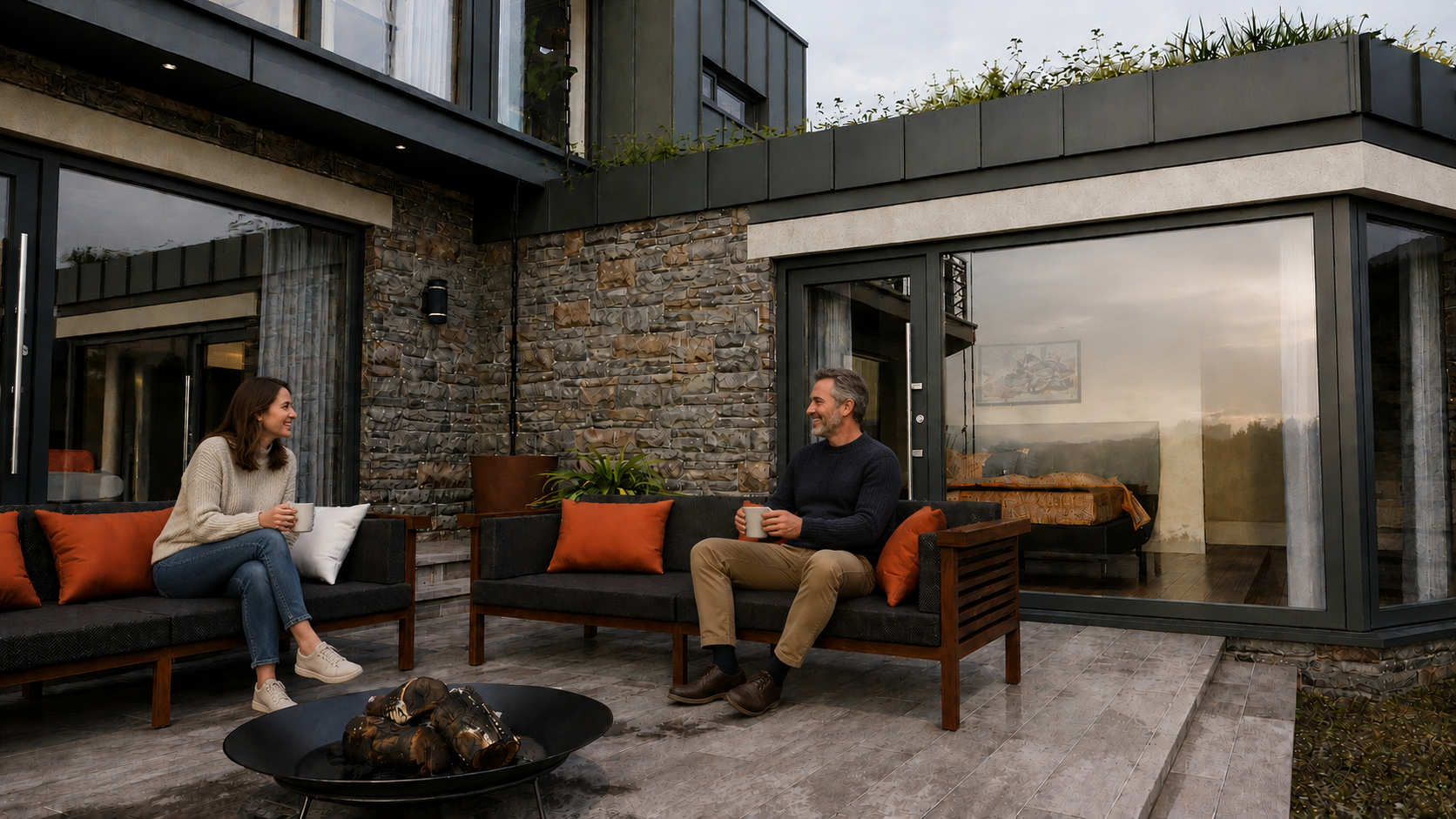 Luxury contemporary house in Donegal designed by Usonia Architects featuring a sheltered courtyard terrace, outdoor seating and natural stone finishes.