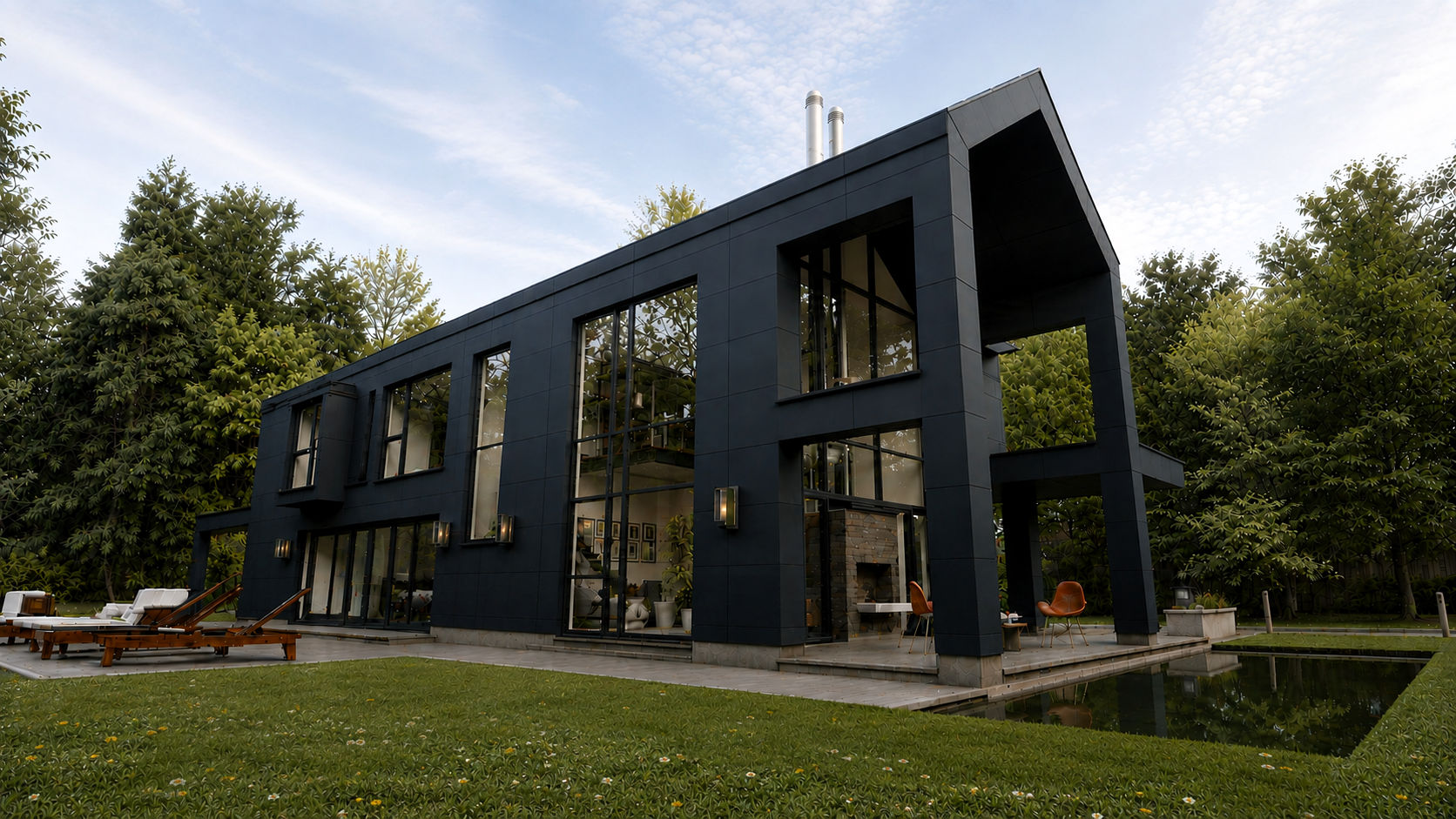 Woodland Retreat by Usonia Architects, a contemporary house in Donegal with a dramatic glazed gable and dark cladding set within mature woodland with private gardens